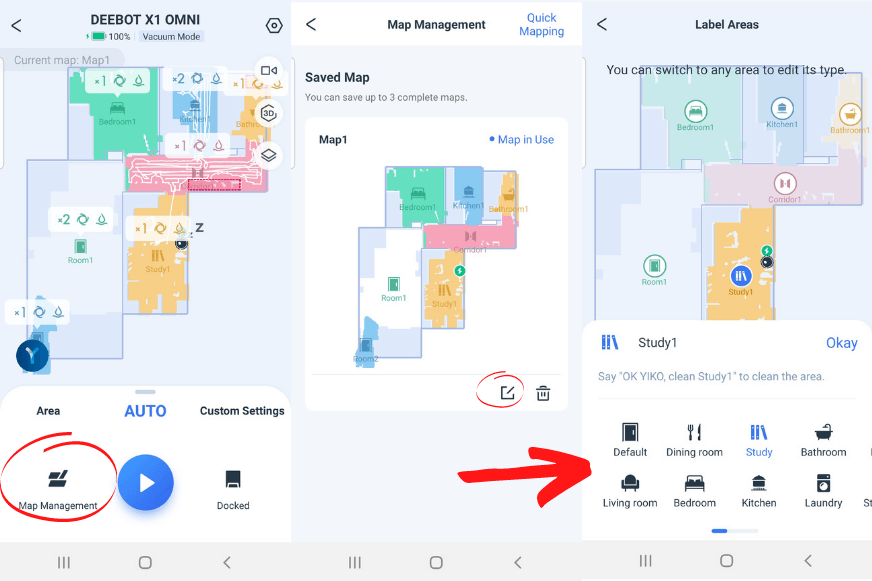 In der Ecovacs Deebot X1 OMNI App werden die einzelnen Räume umbenannt.